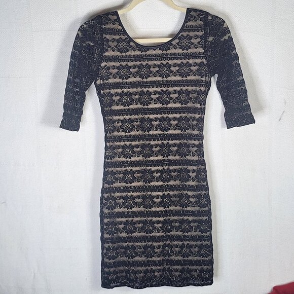 Lovely Day Black Gold Floral Lace Nylon Span Metallic Lined Backless Dress Sz M - Picture 1 of 16